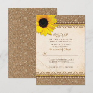 Rustic Burlap Lace Sunflower Wedding RSVP Card