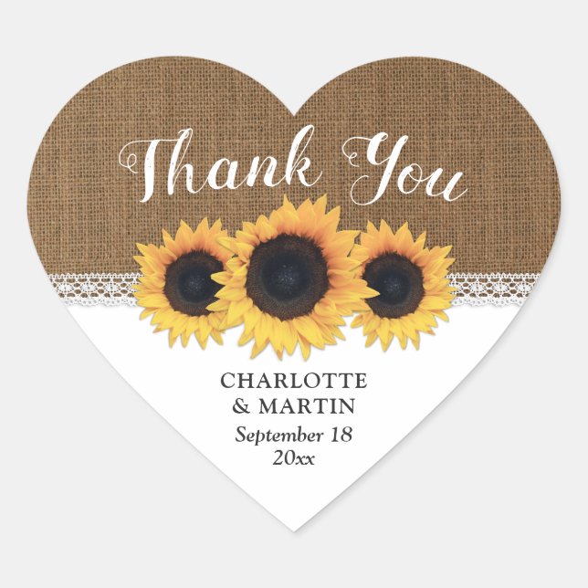Rustic Burlap Lace Sunflower Wedding Thank You Heart Sticker (Front)