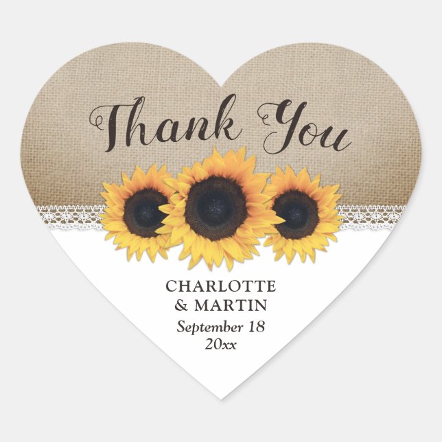 Rustic Burlap Lace Sunflower Wedding Thank You Heart Sticker (Front)