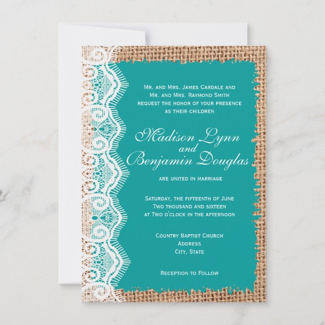 Rustic Burlap Lace Turquoise Wedding Invitations (Front)