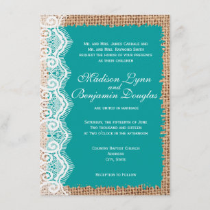 Rustic Burlap Lace Turquoise Wedding Invitations