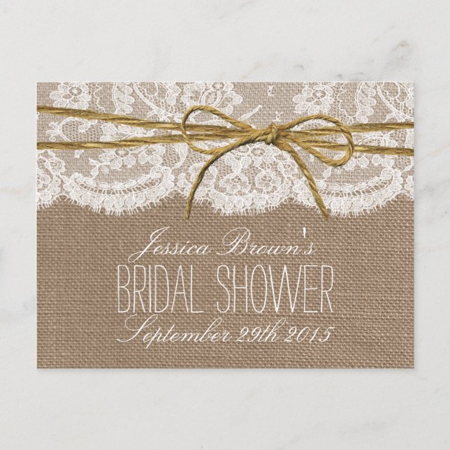 Rustic Burlap Lace Twine Bow Bridal Shower Recipe Invitation Postcard (Front)