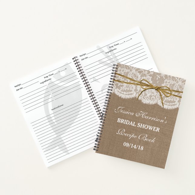 Rustic Burlap Lace Twine Bow Bridal Shower Recipe Notebook (Inside)