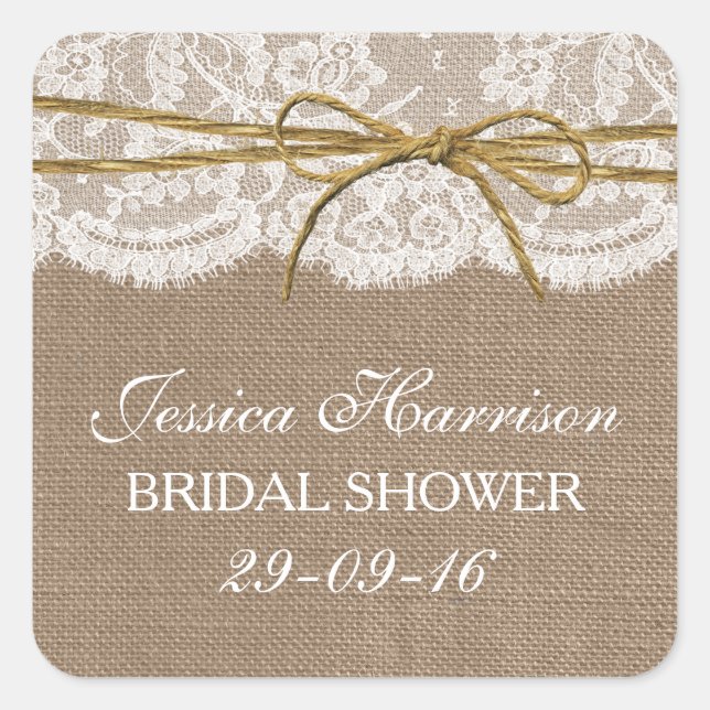 Rustic Burlap, Lace & Twine Bow Bridal Shower Square Sticker (Front)