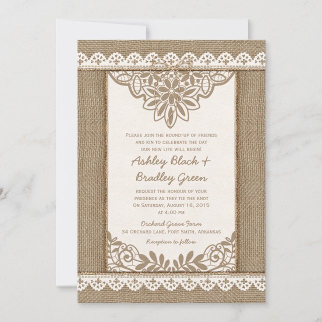 Rustic Burlap Lace Twine Bow Wedding Invitation (Front)