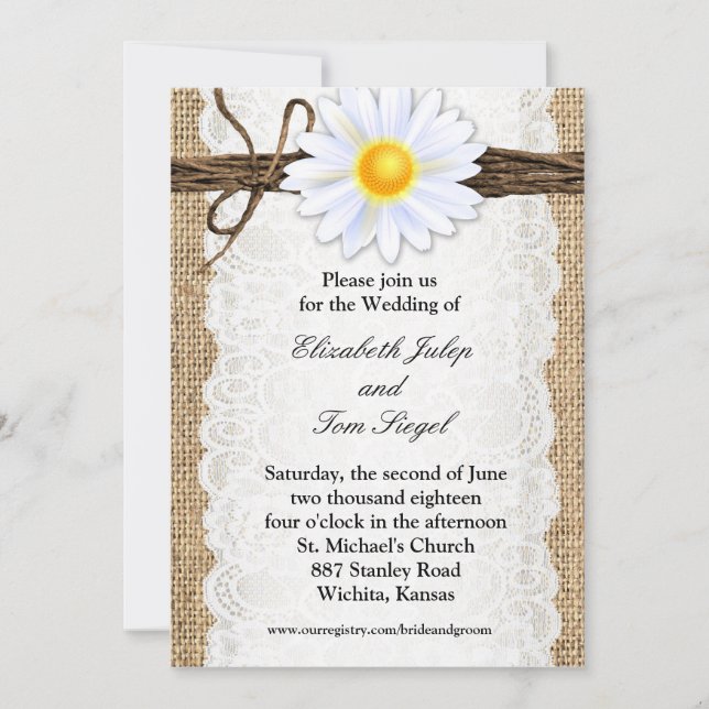 Rustic Burlap Lace Twine Daisy Wedding Invitation (Front)