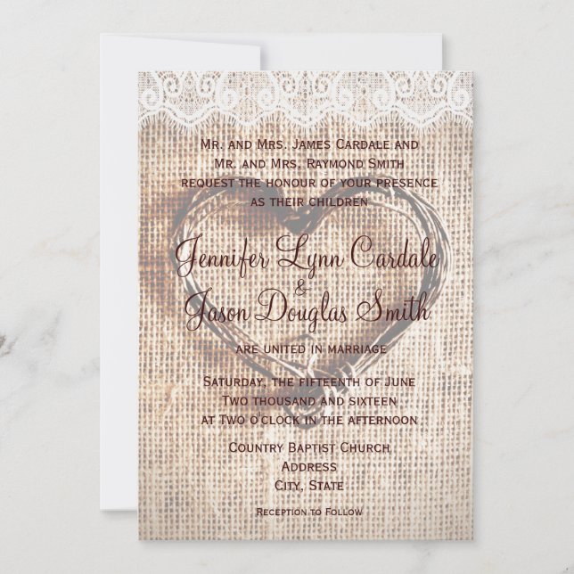 Rustic Burlap Lace Twine Heart Wedding Invitations (Front)