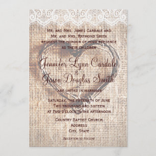 Rustic Burlap Lace Twine Heart Wedding Invitations