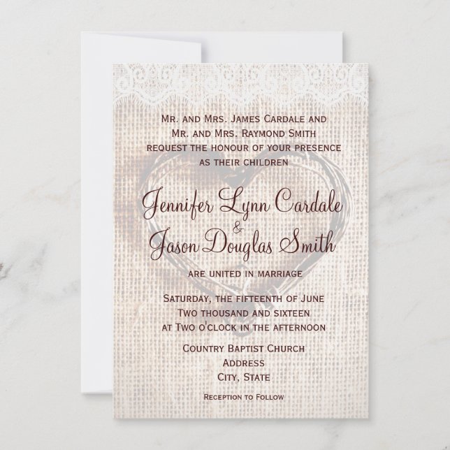 Rustic Burlap Lace Twine Heart Wedding Invitations (Front)