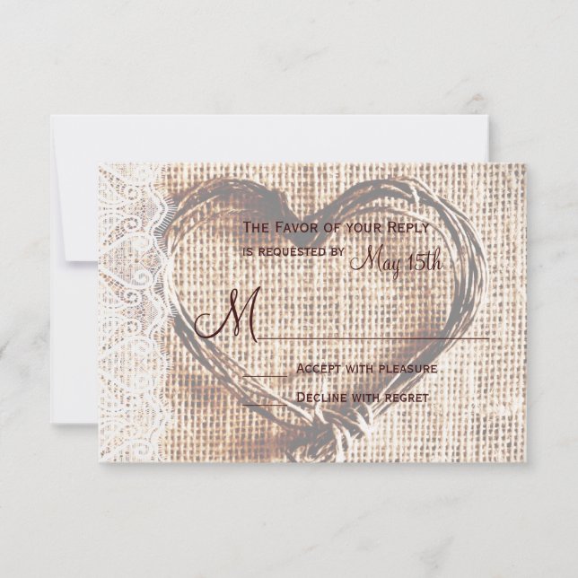 Rustic Burlap Lace Twine Heart Wedding RSVP Card (Front)