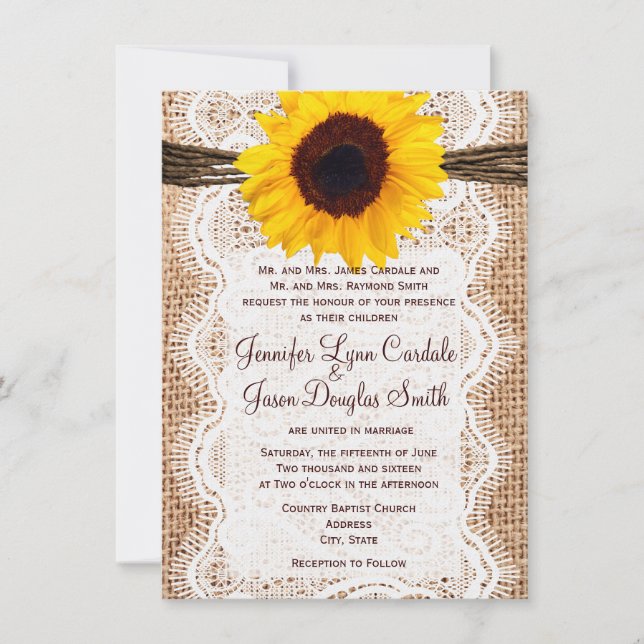 Rustic Burlap Lace Twine Sunflower Wedding Invites (Front)