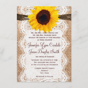 Rustic Burlap Lace Twine Sunflower Wedding Invites