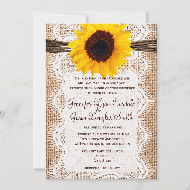 Rustic Burlap Lace Twine Sunflower Wedding Invites (Front)