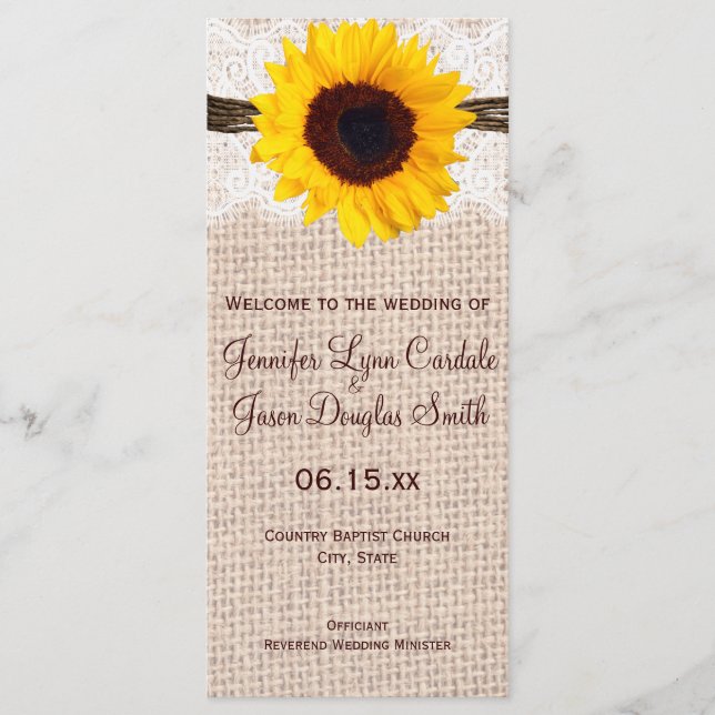 Rustic Burlap Lace Twine Sunflower Wedding Program Programme (Front)