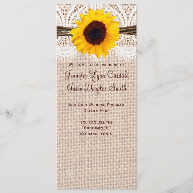 Rustic Burlap Lace Twine Sunflower Wedding Program Programme (Front)