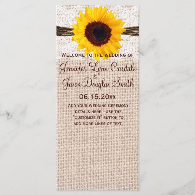 Rustic Burlap Lace Twine Sunflower Wedding Program Programme (Front)
