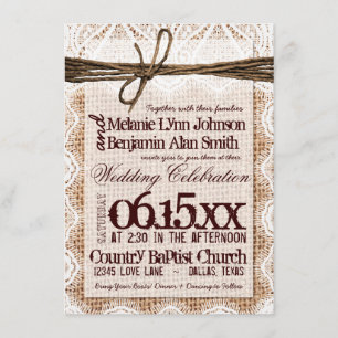 Rustic Burlap Lace Typography Wedding Invitations