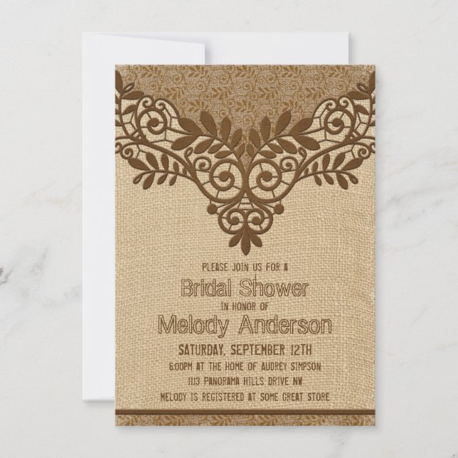Rustic Burlap Lace Vintage Bridal Shower Invitation (Front)