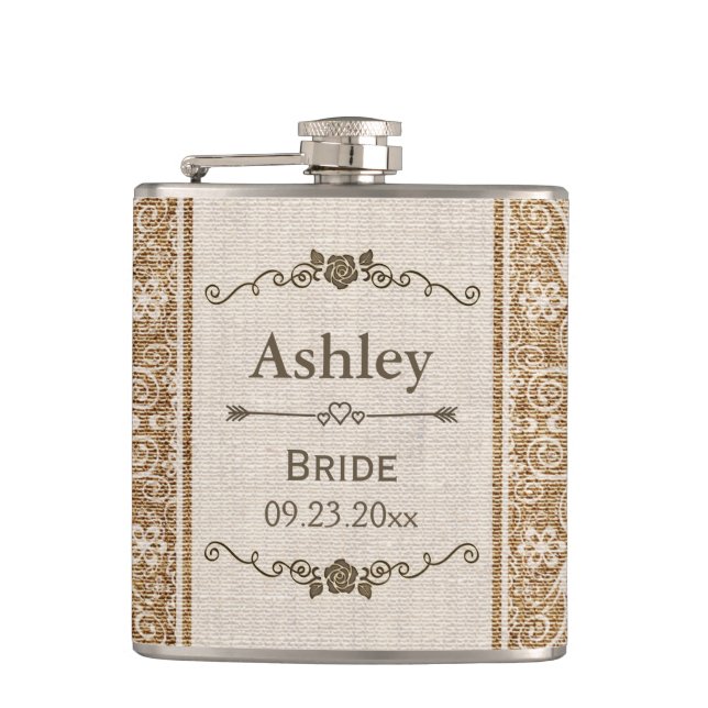 Rustic Burlap Lace Wedding Bride Hip Flask (Front)