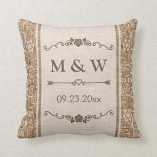 Rustic Burlap Lace Wedding Monogram Cushion