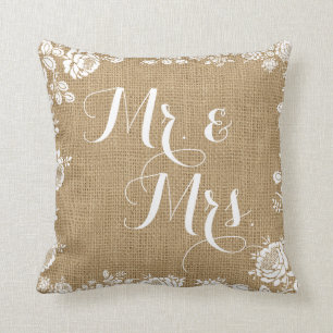 Rustic Burlap Lace Wedding Mr Mrs Throw Pillow
