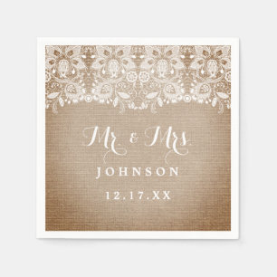 Rustic Burlap Lace Wedding Paper Napkins