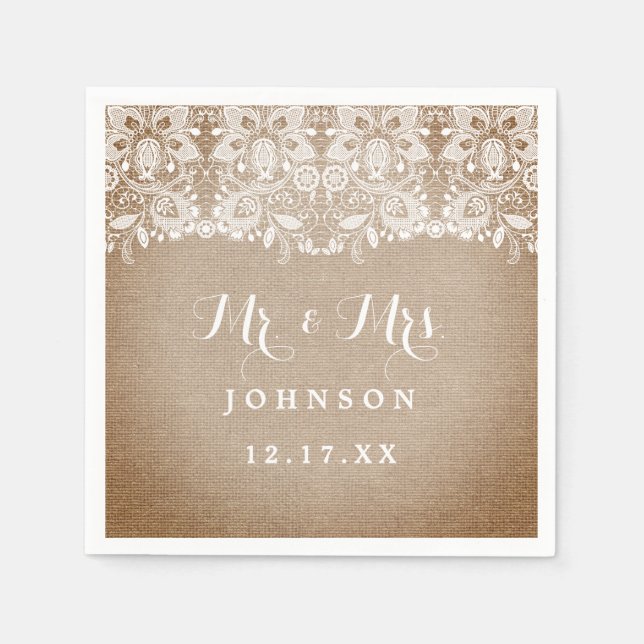 Rustic Burlap Lace Wedding Paper Napkins (Front)