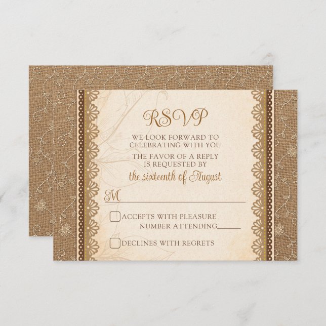 Rustic Burlap Lace Wedding RSVP Card (Front/Back)