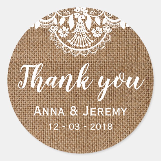 Rustic Burlap Lace Wedding Sticker (Front)