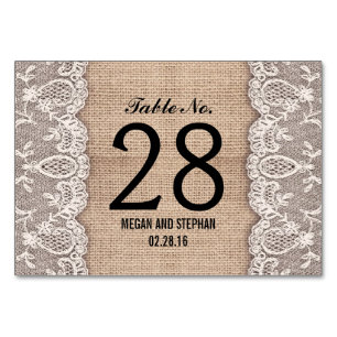 Rustic burlap lace wedding table number cards