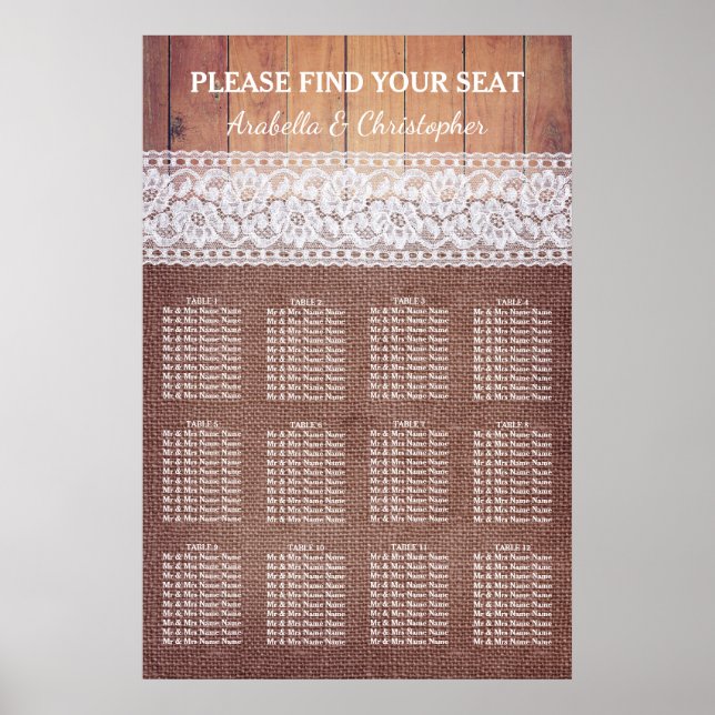 Rustic Burlap Lace & Wood | 12 Table Seating Chart (Front)