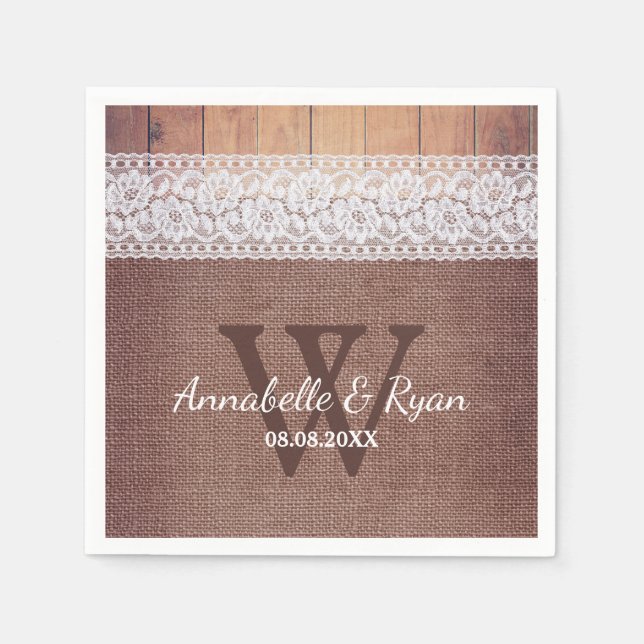 Rustic Burlap Lace & Wood | Monogram Wedding Napkin (Front)