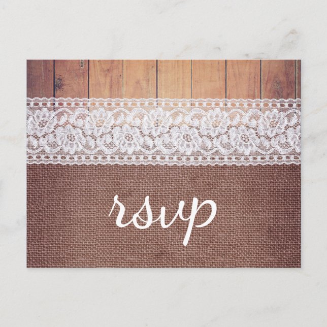 Rustic Burlap Lace & Wood RSVP Invitation Postcard (Front)