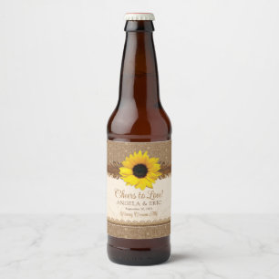 Rustic Burlap Lace Wood Sunflower Wedding Beer Bottle Label
