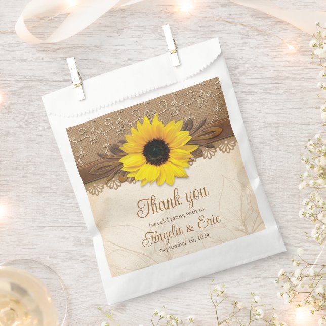 Rustic Burlap Lace Wood Sunflower Wedding Favour Bags (Clipped)