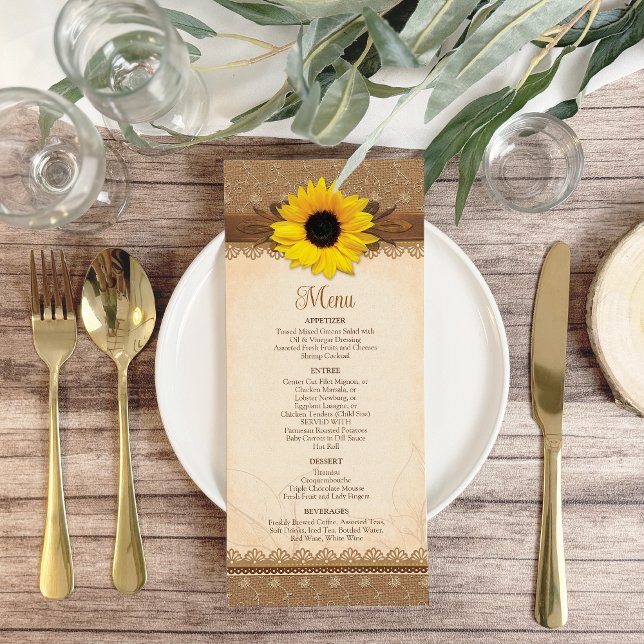Rustic Burlap Lace Wood Sunflower Wedding Menu (Rustic Burlap Lace Wood Sunflower Wedding Menu in situ.)