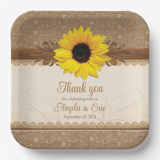 Rustic Burlap Lace Wood Sunflower Wedding Paper Plate (Front)