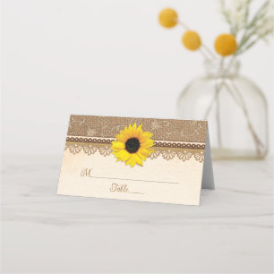Rustic Burlap Lace Wood Sunflower Wedding Place Card