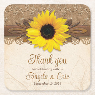 Rustic Burlap Lace Wood Sunflower Wedding Square Paper Coaster