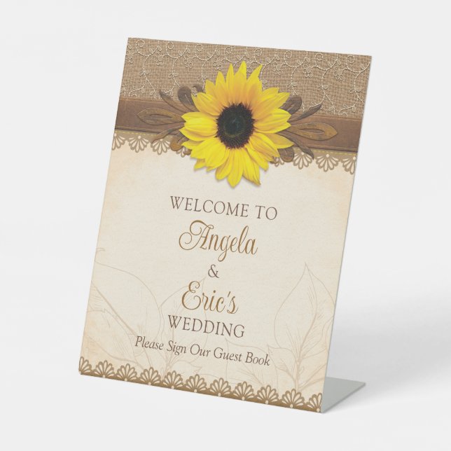 Rustic Burlap Lace Wood Sunflower Wedding Welcome Pedestal Sign (Front)