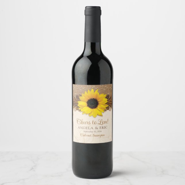 Rustic Burlap Lace Wood Sunflower Wedding Wine Label (Front)
