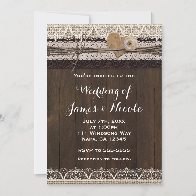 Rustic Burlap Lace & Wood Wedding Invitations (Front)