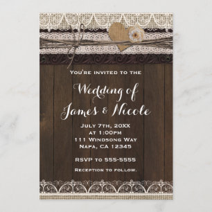 Rustic Burlap Lace & Wood Wedding Invitations