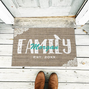 Rustic Burlap Laced Family Name Monogram Doormat