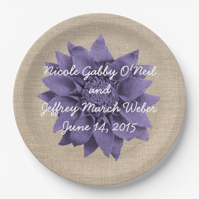 Rustic Burlap Lavender Flower Wedding Paper Plate (Front)