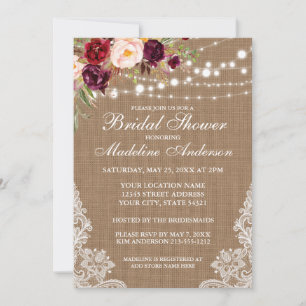 Rustic Burlap Lights Floral Lace Bridal Shower Invitation