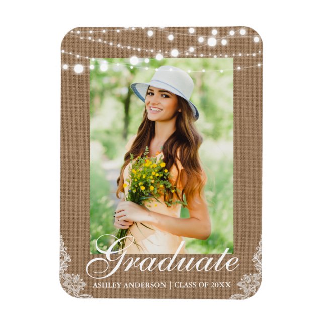 Rustic Burlap Lights Lace Graduation Announcement Magnet (Vertical)