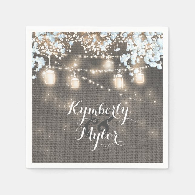 Rustic Burlap Lights Mason Jars Wedding Napkin (Front)