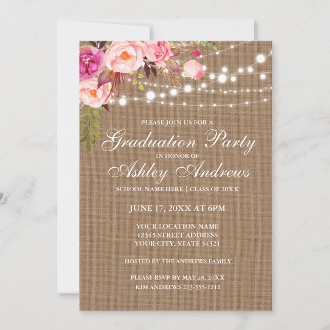 Rustic Burlap Lights Pink Graduation Party Invite (Front)
