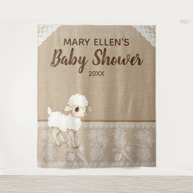 Rustic Burlap Little Lamb Baby Shower Backdrop Tapestry (Front)